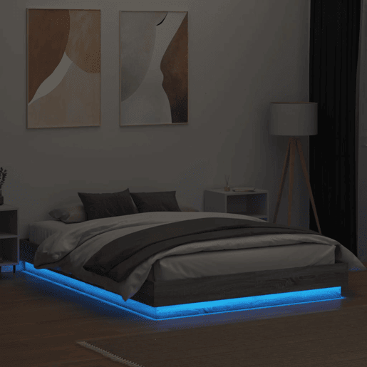 Estrutura de Cama de casal moderno com luzes LED 150x200 cm cinzento sonoma