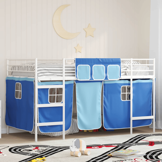 Estrutura de Cama Loft para Crianças com Cortinas Branco e Azul