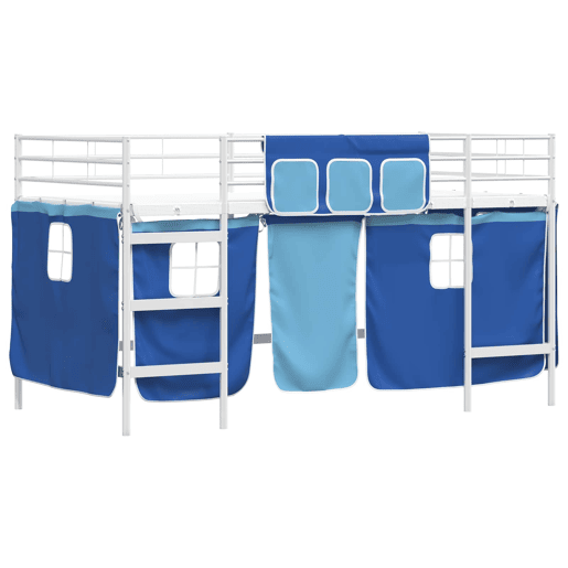 Estrutura de Cama Loft para Crianças com Cortinas Branco e Azul