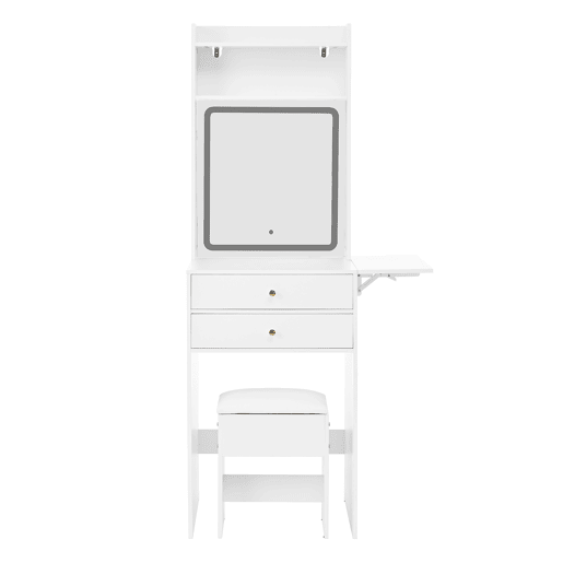 Penteadeira pequena 75x156x45 cm - LED regulável, 2 gavetas, 2 compartimentos, painéis rebatíveis - Branco Penteadeira pequena 75x156x45 cm - LED regulável, 2 gavetas, 2 compartimentos, painéis rebatíveis - Branco