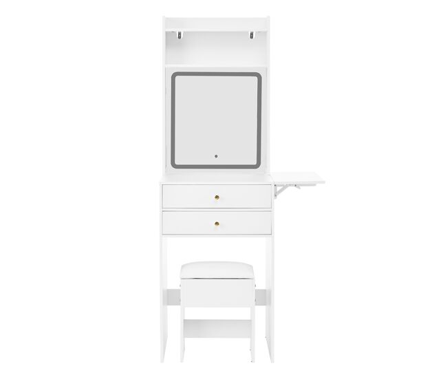 Tocador pequeño 75x156x45 cm - led regulable, 2 cajones, 2 compartimentos, tableros abatibles - blanco