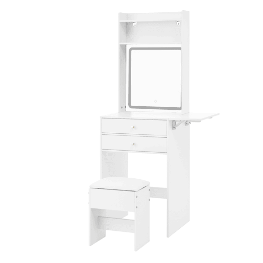 Penteadeira pequena 75x156x45 cm - LED regulável, 2 gavetas, 2 compartimentos, painéis rebatíveis - Branco Penteadeira pequena 75x156x45 cm - LED regulável, 2 gavetas, 2 compartimentos, painéis rebatíveis - Branco