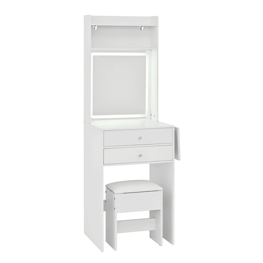Penteadeira pequena 75x156x45 cm - LED regulável, 2 gavetas, 2 compartimentos, painéis rebatíveis - Branco Penteadeira pequena 75x156x45 cm - LED regulável, 2 gavetas, 2 compartimentos, painéis rebatíveis - Branco