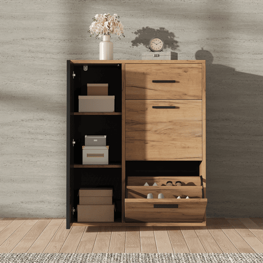 Sapateira moderna 80x24x95,5 cm - com 1 gaveta, 2 sapateiras rebatíveis, 1 porta, preta e natural