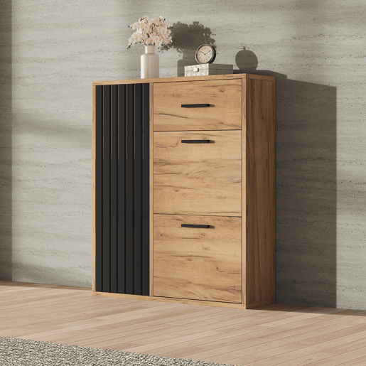 Sapateira moderna 80x24x95,5 cm - com 1 gaveta, 2 sapateiras rebatíveis, 1 porta, preta e natural