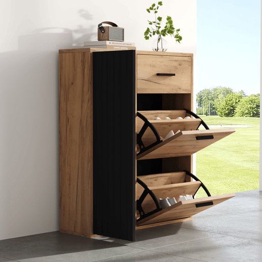 Sapateira moderna 80x24x95,5 cm - com 1 gaveta, 2 sapateiras rebatíveis, 1 porta, preta e natural
