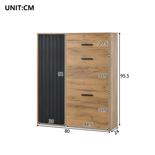 Sapateira moderna 80x24x95,5 cm - com 1 gaveta, 2 sapateiras rebatíveis, 1 porta, preta e natural