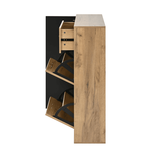 Sapateira moderna 80x24x95,5 cm - com 1 gaveta, 2 sapateiras rebatíveis, 1 porta, preta e natural