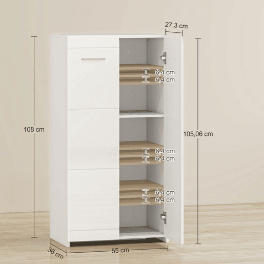 HOMCOM Armário Sapateira Moderno com Prateleiras Ajustáveis, para 10 Pares de Sapatos Sapateira para Entrada 55x36x108 cm, Branco Brilhante
