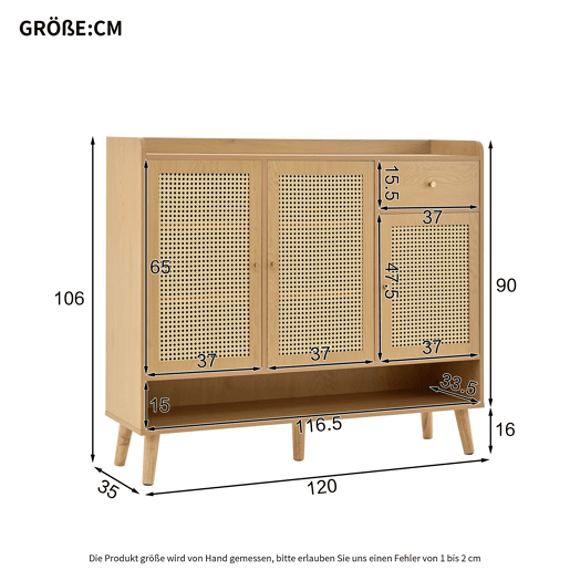 Sapateira de vime natural 120x106x35 cm - 3 portas, 1 gaveta, 5 prateleiras, madeira maciça