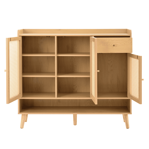 Sapateira de vime natural 120x106x35 cm - 3 portas, 1 gaveta, 5 prateleiras, madeira maciça