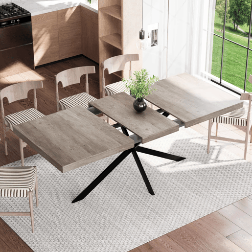 Mesa de jantar extensível 140-180 cm - estilo retro, retangular, arrumação oculta, tampo em madeira natural, placa central a condizer - Cinza