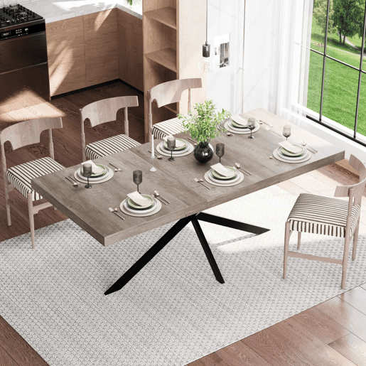 Mesa de jantar extensível 140-180 cm - estilo retro, retangular, arrumação oculta, tampo em madeira natural, placa central a condizer - Cinza