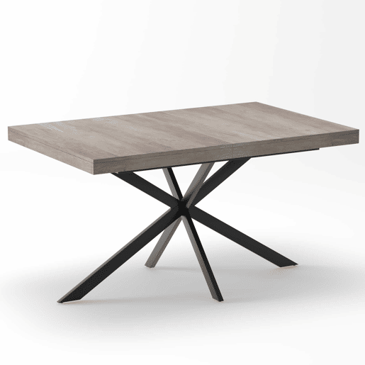 Mesa de jantar extensível 140-180 cm - estilo retro, retangular, arrumação oculta, tampo em madeira natural, placa central a condizer - Cinza