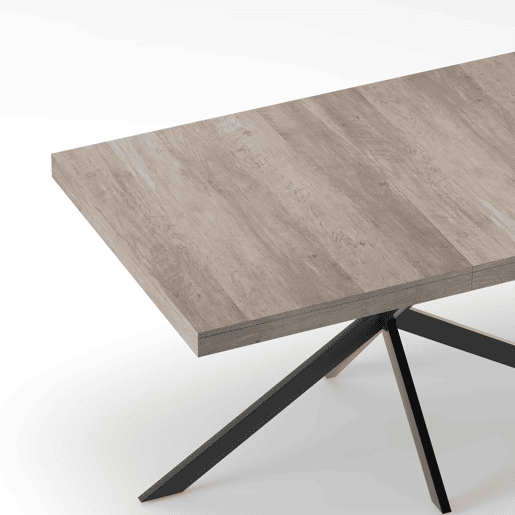 Mesa de jantar extensível 140-180 cm - estilo retro, retangular, arrumação oculta, tampo em madeira natural, placa central a condizer - Cinza