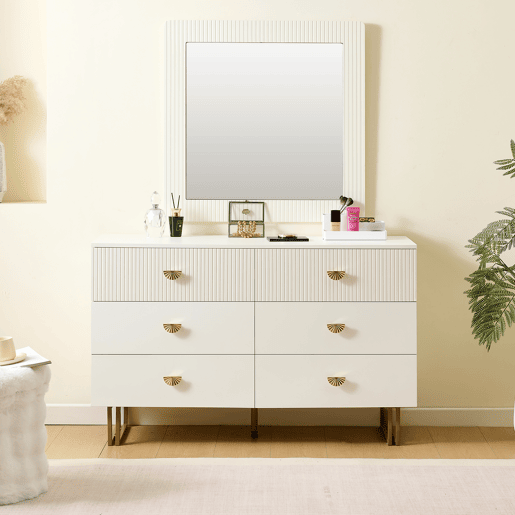 Conjunto aparador e espelho 80x80 cm - 6 gavetas com detalhes dourados - Branco