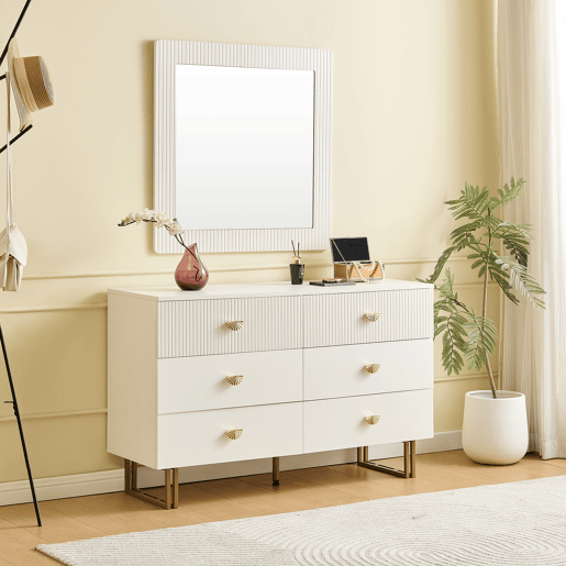 Conjunto aparador e espelho 80x80 cm - 6 gavetas com detalhes dourados - Branco