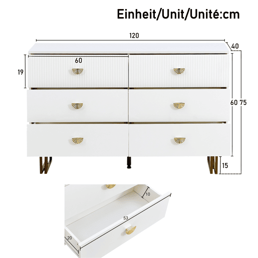 Conjunto aparador e espelho 80x80 cm - 6 gavetas com detalhes dourados - Branco