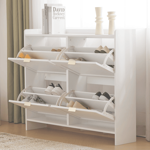 Sapateira moderna 110x90x24 cm - 4 compartimentos rebatíveis, prateleira livre, arrumação aberta - Branco
