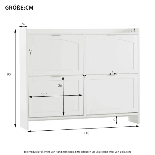Sapateira moderna 110x90x24 cm - 4 compartimentos rebatíveis, prateleira livre, arrumação aberta - Branco