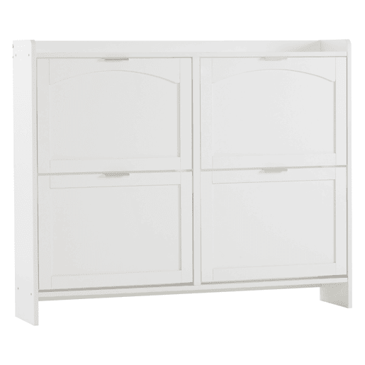 Sapateira moderna 110x90x24 cm - 4 compartimentos rebatíveis, prateleira livre, arrumação aberta - Branco