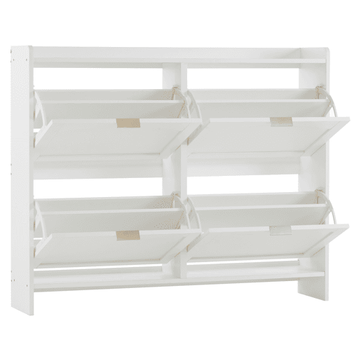 Sapateira moderna 110x90x24 cm - 4 compartimentos rebatíveis, prateleira livre, arrumação aberta - Branco