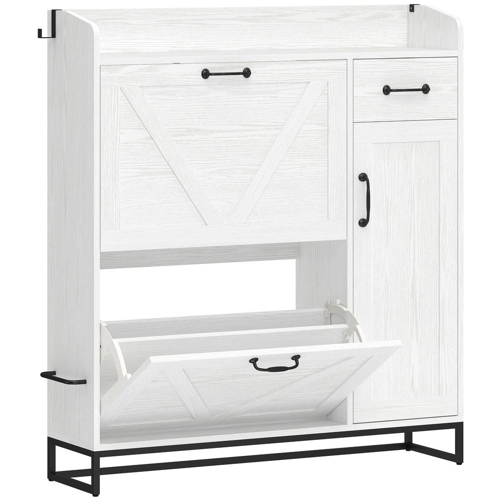 Homcom zapatero estrecho con 2 cajones abatibles, zapatero entrada recibidor rústico con cajón y estantes ajustables, para 12 pares de zapatos, para pasillo, espacio reducido, 106,7x26x116 cm, blanco