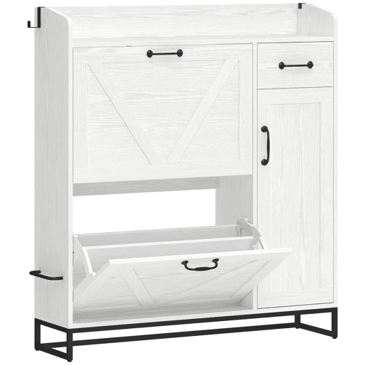 HOMCOM Sapateira Estreito com 2 Compartimentos Rebatíveis Sapateira Entrada Rústico com Gaveta e Prateleiras Ajustáveis para 12 Pares de Sapatos para Corredor Espaços Pequenos 106,7x26x116 cm Branco