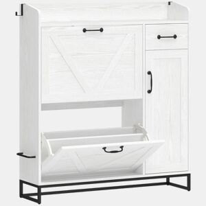 HOMCOM Sapateira Estreito com 2 Compartimentos Rebatíveis Sapateira Entrada Rústico com Gaveta e Prateleiras Ajustáveis para 12 Pares de Sapatos para Corredor Espaços Pequenos 106,7x26x116 cm Branco