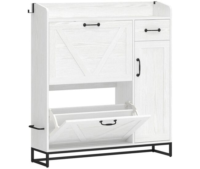 Homcom zapatero estrecho con 2 cajones abatibles, zapatero entrada recibidor rústico con cajón y estantes ajustables, para 12 pares de zapatos, para pasillo, espacio reducido, 106,7x26x116 cm, blanco