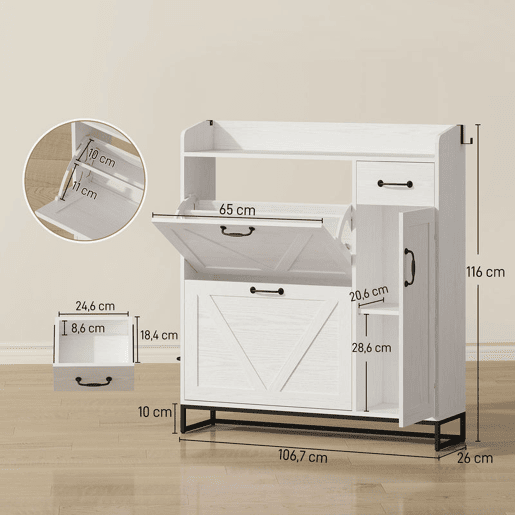HOMCOM Sapateira Estreito com 2 Compartimentos Rebatíveis Sapateira Entrada Rústico com Gaveta e Prateleiras Ajustáveis para 12 Pares de Sapatos para Corredor Espaços Pequenos 106,7x26x116 cm Branco