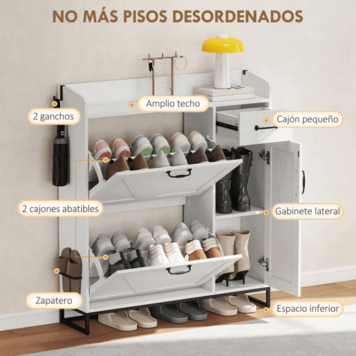 HOMCOM Sapateira Estreito com 2 Compartimentos Rebatíveis Sapateira Entrada Rústico com Gaveta e Prateleiras Ajustáveis para 12 Pares de Sapatos para Corredor Espaços Pequenos 106,7x26x116 cm Branco