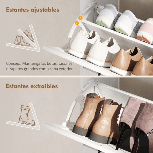 HOMCOM Sapateira Estreito com 2 Compartimentos Rebatíveis Sapateira Entrada Rústico com Gaveta e Prateleiras Ajustáveis para 12 Pares de Sapatos para Corredor Espaços Pequenos 106,7x26x116 cm Branco