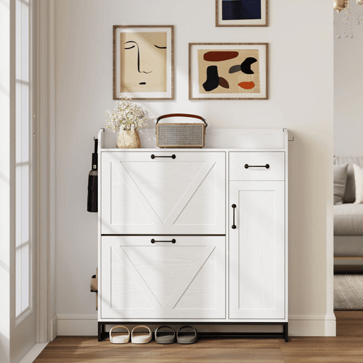 HOMCOM Sapateira Estreito com 2 Compartimentos Rebatíveis Sapateira Entrada Rústico com Gaveta e Prateleiras Ajustáveis para 12 Pares de Sapatos para Corredor Espaços Pequenos 106,7x26x116 cm Branco