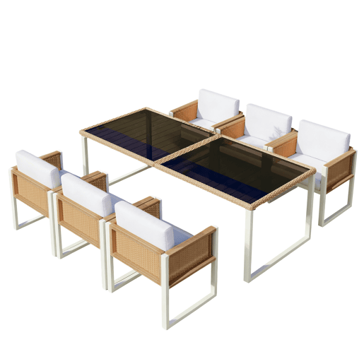 Mesa e cadeiras de jardim de rattan com 6 cadeiras,branco Mesa e cadeiras de jardim de rattan com 6 cadeiras,branco
