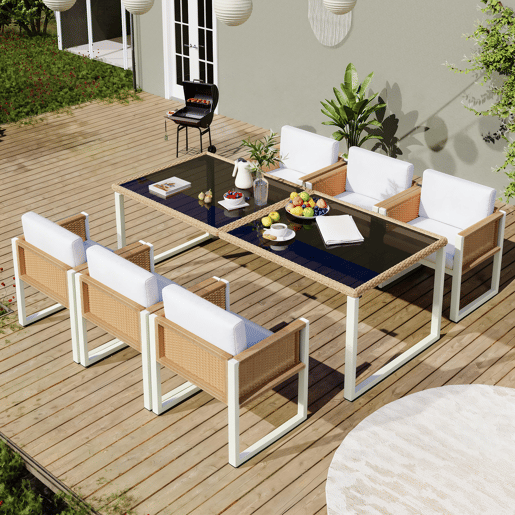 Mesa e cadeiras de jardim de rattan com 6 cadeiras,branco Mesa e cadeiras de jardim de rattan com 6 cadeiras,branco