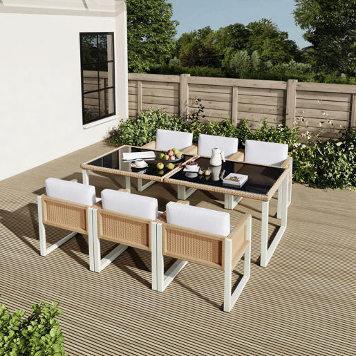 Mesa e cadeiras de jardim de rattan com 6 cadeiras,branco Mesa e cadeiras de jardim de rattan com 6 cadeiras,branco