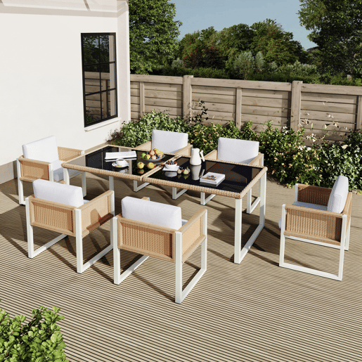 Mesa e cadeiras de jardim de rattan com 6 cadeiras,branco Mesa e cadeiras de jardim de rattan com 6 cadeiras,branco
