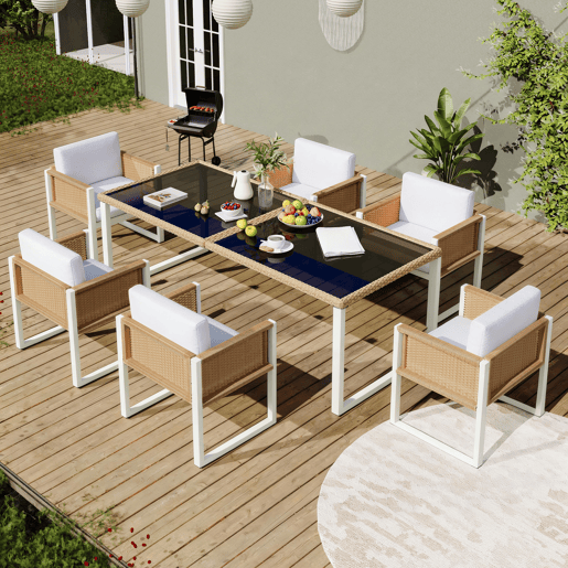 Mesa e cadeiras de jardim de rattan com 6 cadeiras,branco Mesa e cadeiras de jardim de rattan com 6 cadeiras,branco