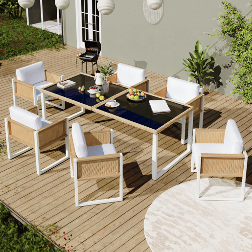 Mesa e cadeiras de jardim de rattan com 6 cadeiras,branco Mesa e cadeiras de jardim de rattan com 6 cadeiras,branco