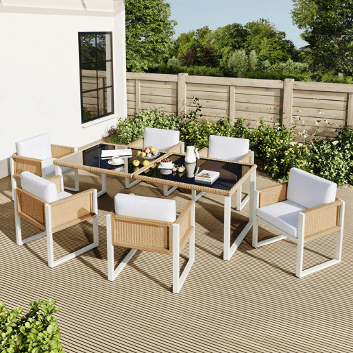 Mesa e cadeiras de jardim de rattan com 6 cadeiras,branco Mesa e cadeiras de jardim de rattan com 6 cadeiras,branco