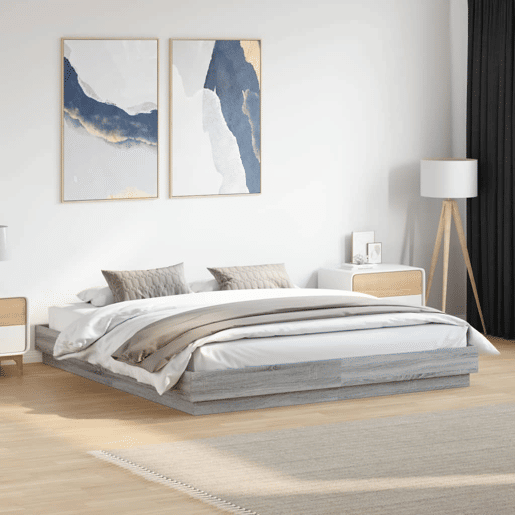 Estrutura de Cama de casal moderno com luzes LED 200x200 cm cinzento sonoma