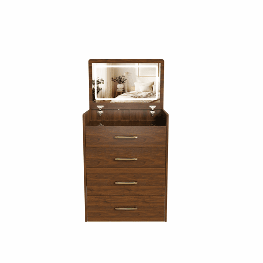 Mesa de maquilhagem 60 x 118 x 40 cm - 3 em 1 com espelho aberto, tampo em vidro, 3 gavetas, design compacto - cor nogueira