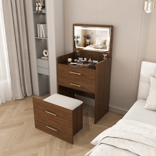 Mesa de maquilhagem 60 x 118 x 40 cm - 3 em 1 com espelho aberto, tampo em vidro, 3 gavetas, design compacto - cor nogueira