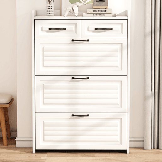 Sapateira 80x23,5x131 cm - com 3 portas e 2 gavetas - madeira - branca - para entrada ou sala de estar