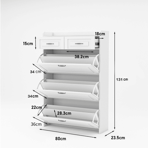 Sapateira 80x23,5x131 cm - com 3 portas e 2 gavetas - madeira - branca - para entrada ou sala de estar