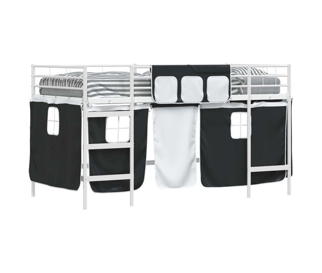 Estructura de cama alta para niños con cortinas y negro