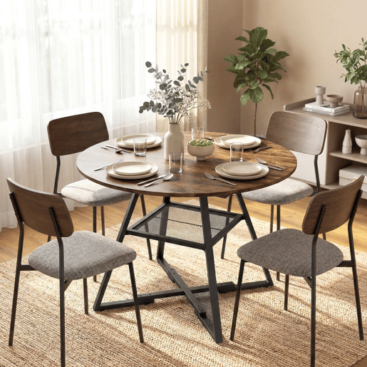 HOMCOM Mesa Redonda 100 cm para 4 Pessoas Mesa de Refeição de Estilo Industrial com Prateleira Efeito Madeira e Estrutura Metálica Preta