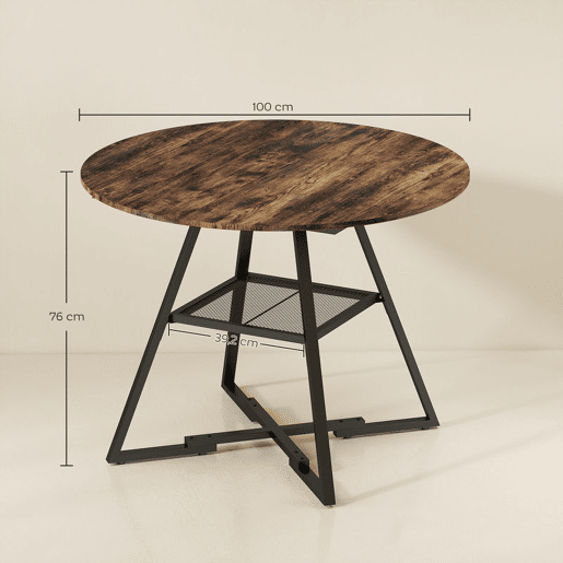 HOMCOM Mesa Redonda 100 cm para 4 Pessoas Mesa de Refeição de Estilo Industrial com Prateleira Efeito Madeira e Estrutura Metálica Preta