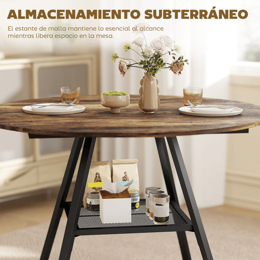 HOMCOM Mesa Redonda 100 cm para 4 Pessoas Mesa de Refeição de Estilo Industrial com Prateleira Efeito Madeira e Estrutura Metálica Preta